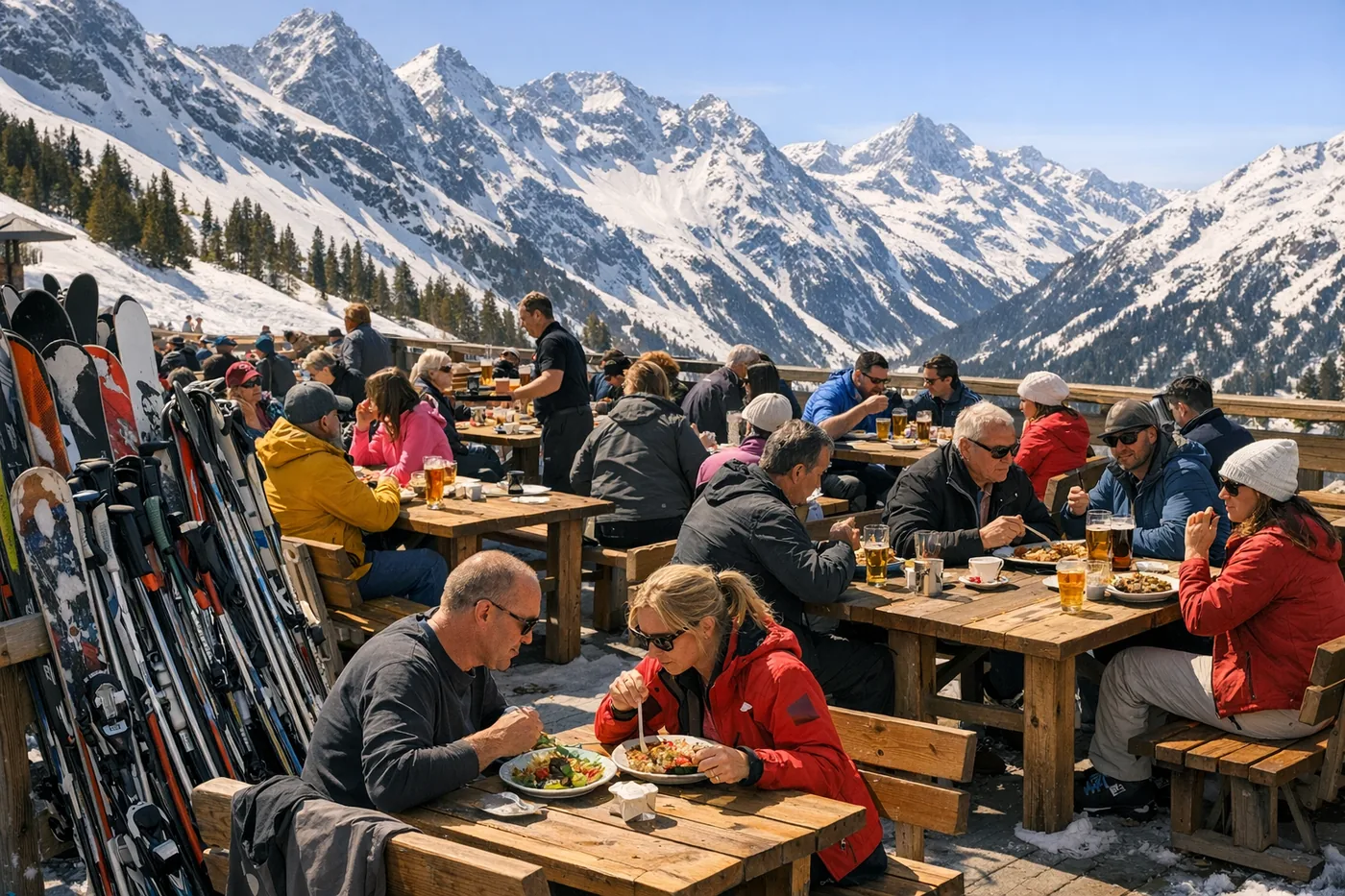 Terrasse ensoleillée devant un restaurant d'altitude dans les Alpes