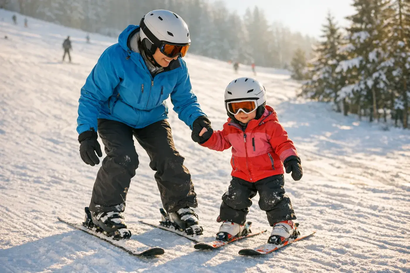 Parent apprenant à un enfant à skier sur la piste pour débutants