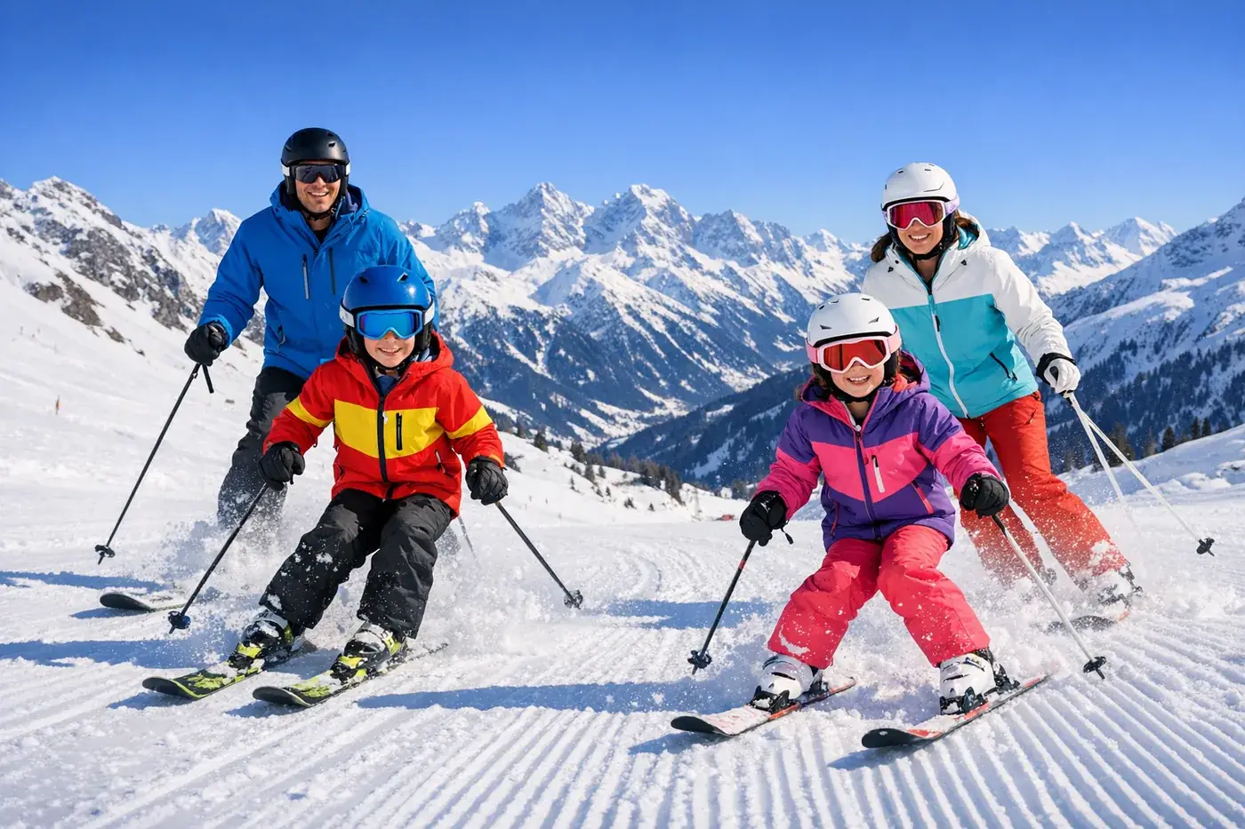 Famille skiant ensemble sur une piste large