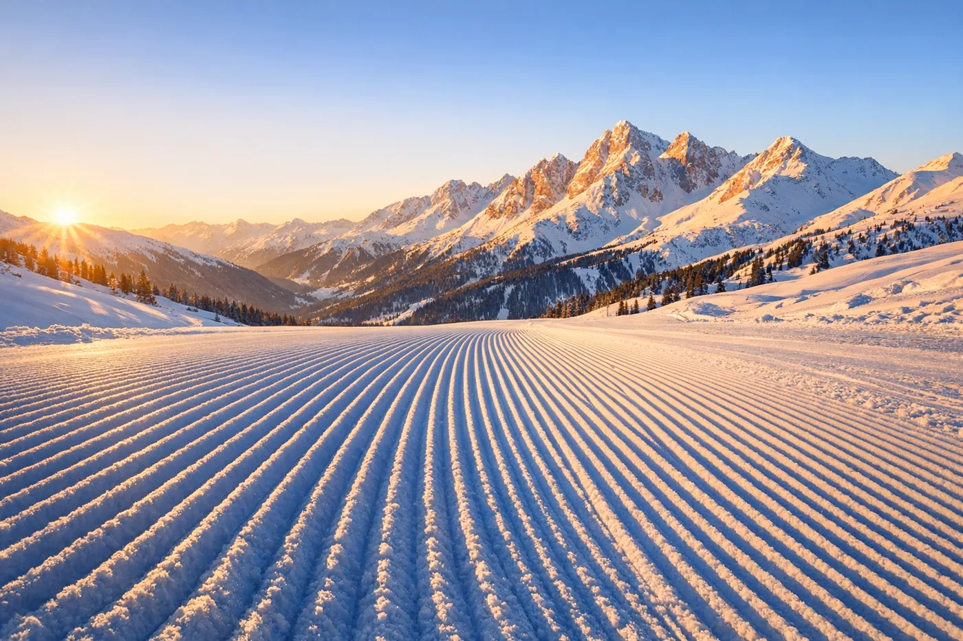 Piste fraîchement damée dans la lumière du matin