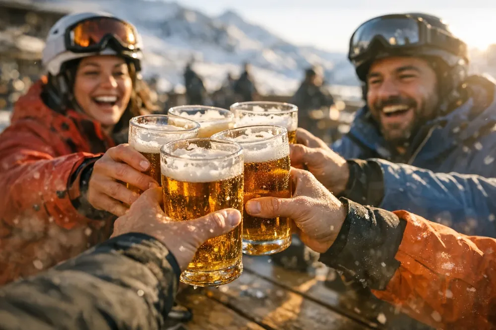 Trinquer sur une terrasse d'après-ski ensoleillée
