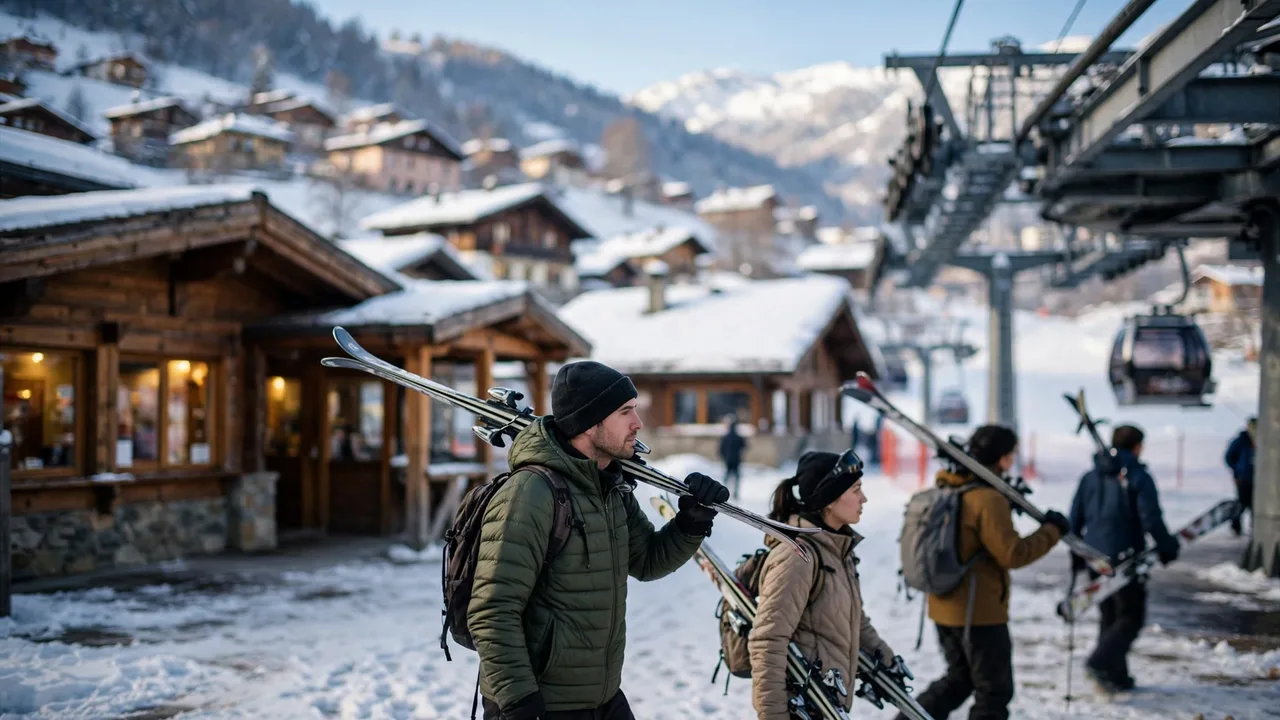 Skieurs se dirigeant vers la télécabine à la gare de la vallée