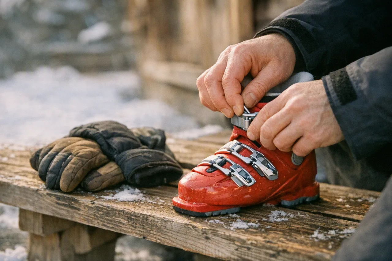 Mains serrant les boucles d'une chaussure de ski rouge
