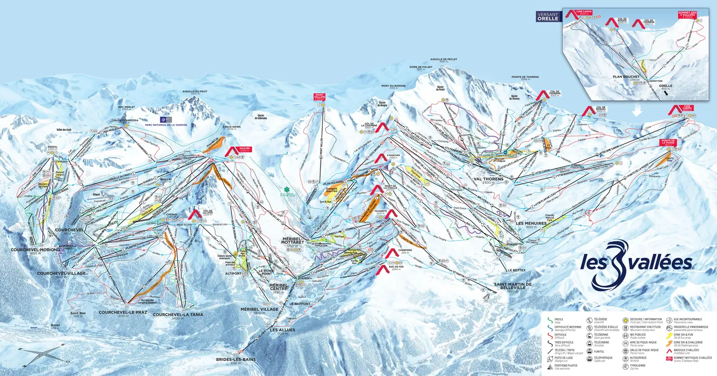Plan des pistes de Brides-les-Bains, pistes, remontées mécaniques et descentes