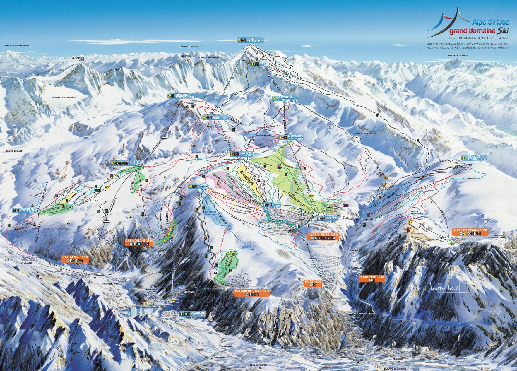 Plan des pistes de Alpe d'Huez, pistes, remontées mécaniques et descentes