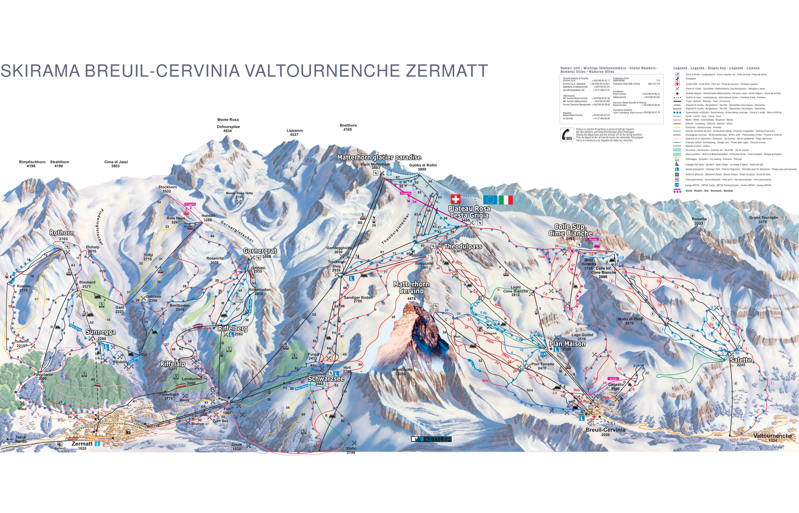 Plan des pistes de Cervinia, pistes, remontées mécaniques et descentes