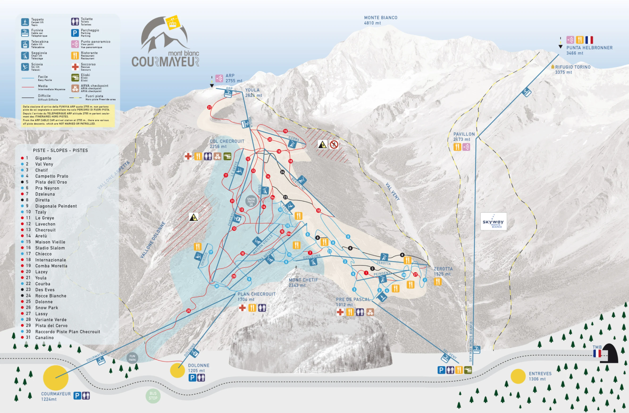 Plan des pistes de Courmayeur, pistes, remontées mécaniques et descentes