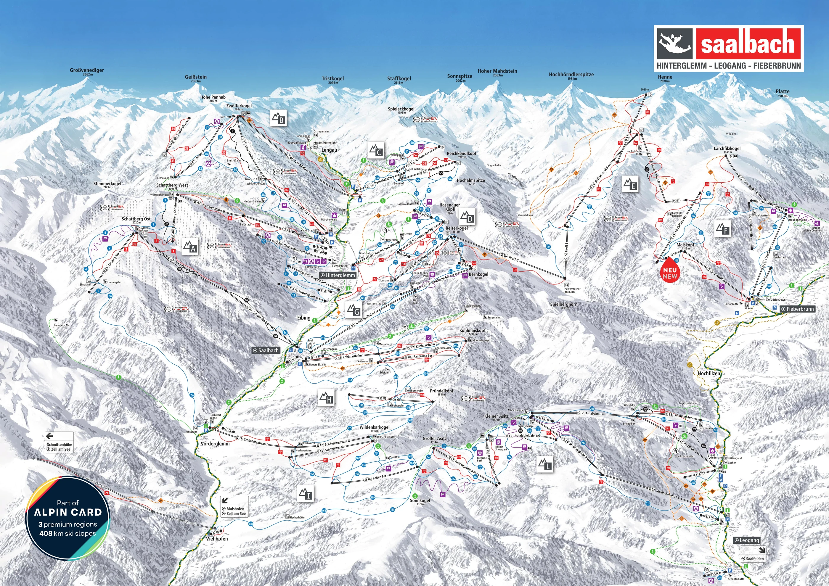 Plan des pistes de Leogang, pistes, remontées mécaniques et descentes