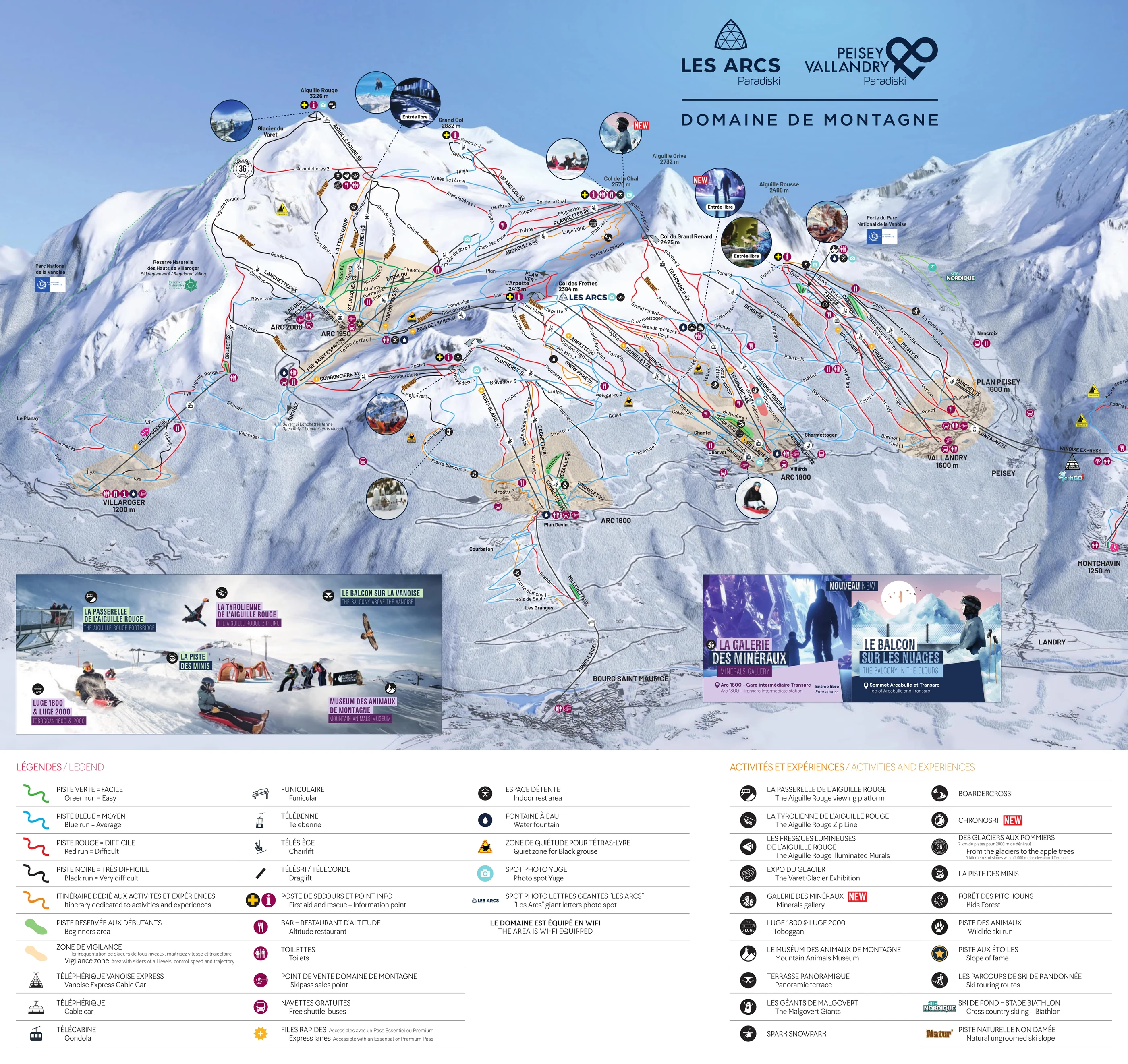 Plan des pistes de Les Arcs, pistes, remontées mécaniques et descentes