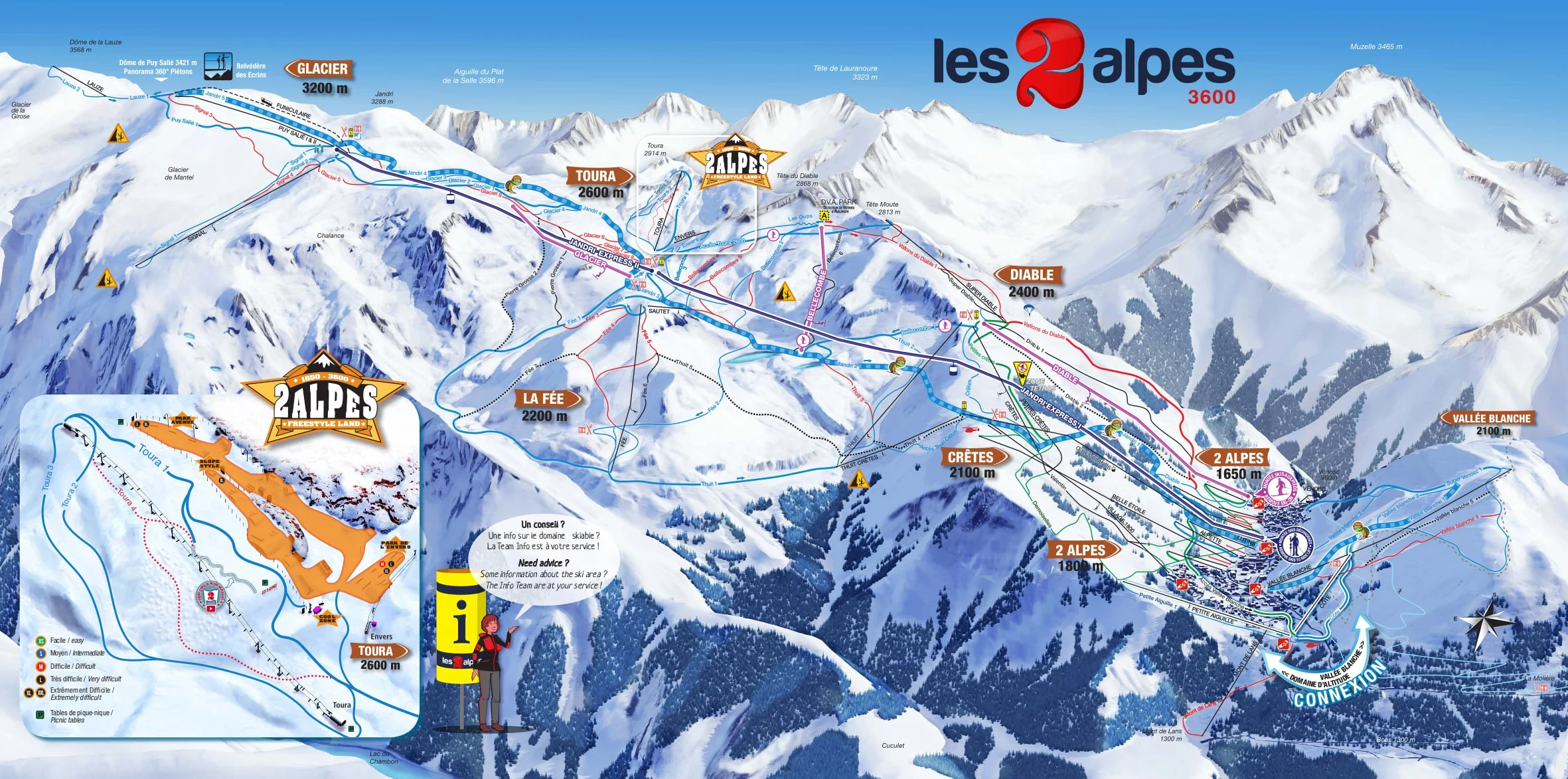 Plan des pistes de Les Deux Alpes, pistes, remontées mécaniques et descentes