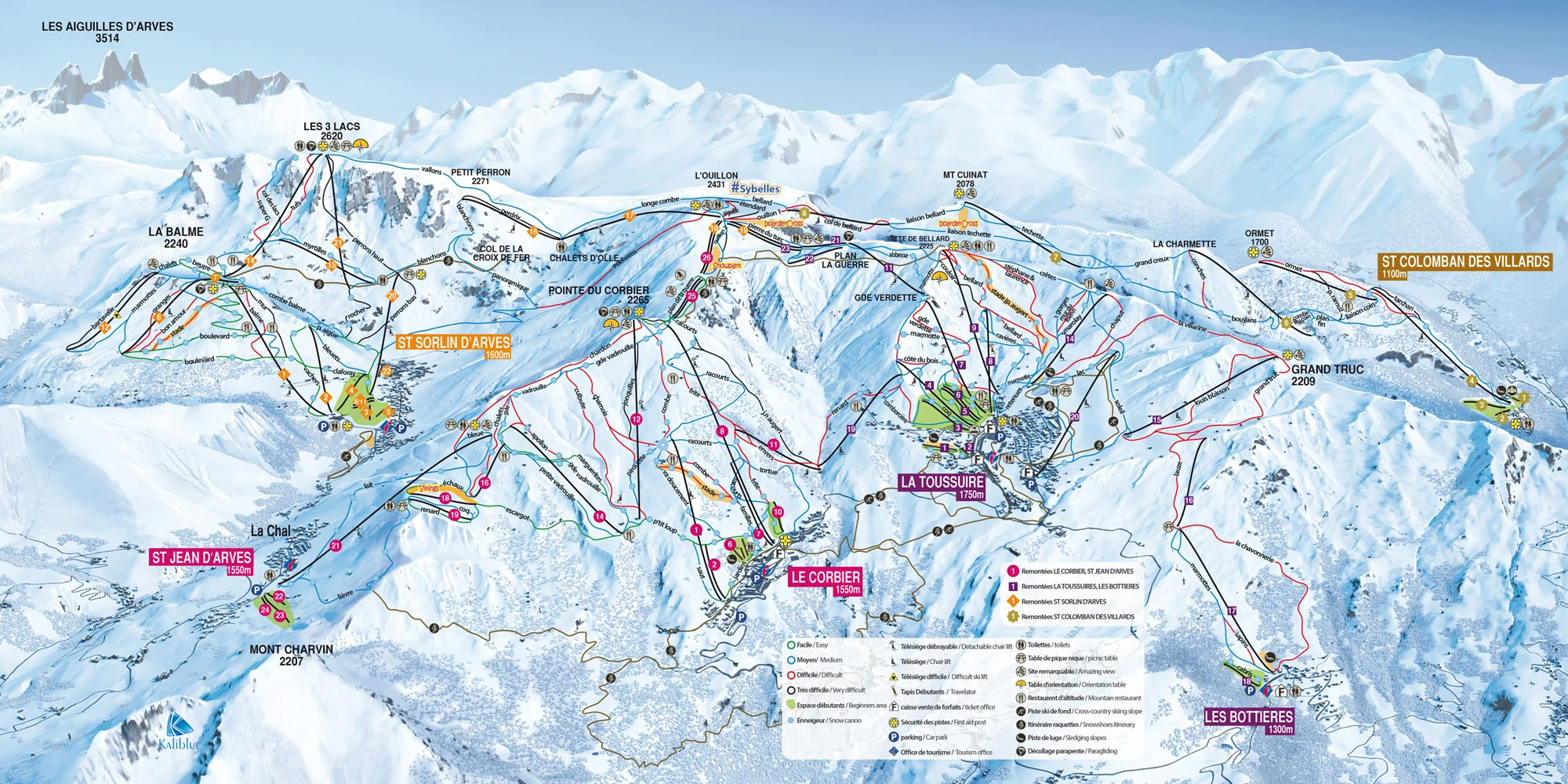 Plan des pistes de Les Sybelles, pistes, remontées mécaniques et descentes