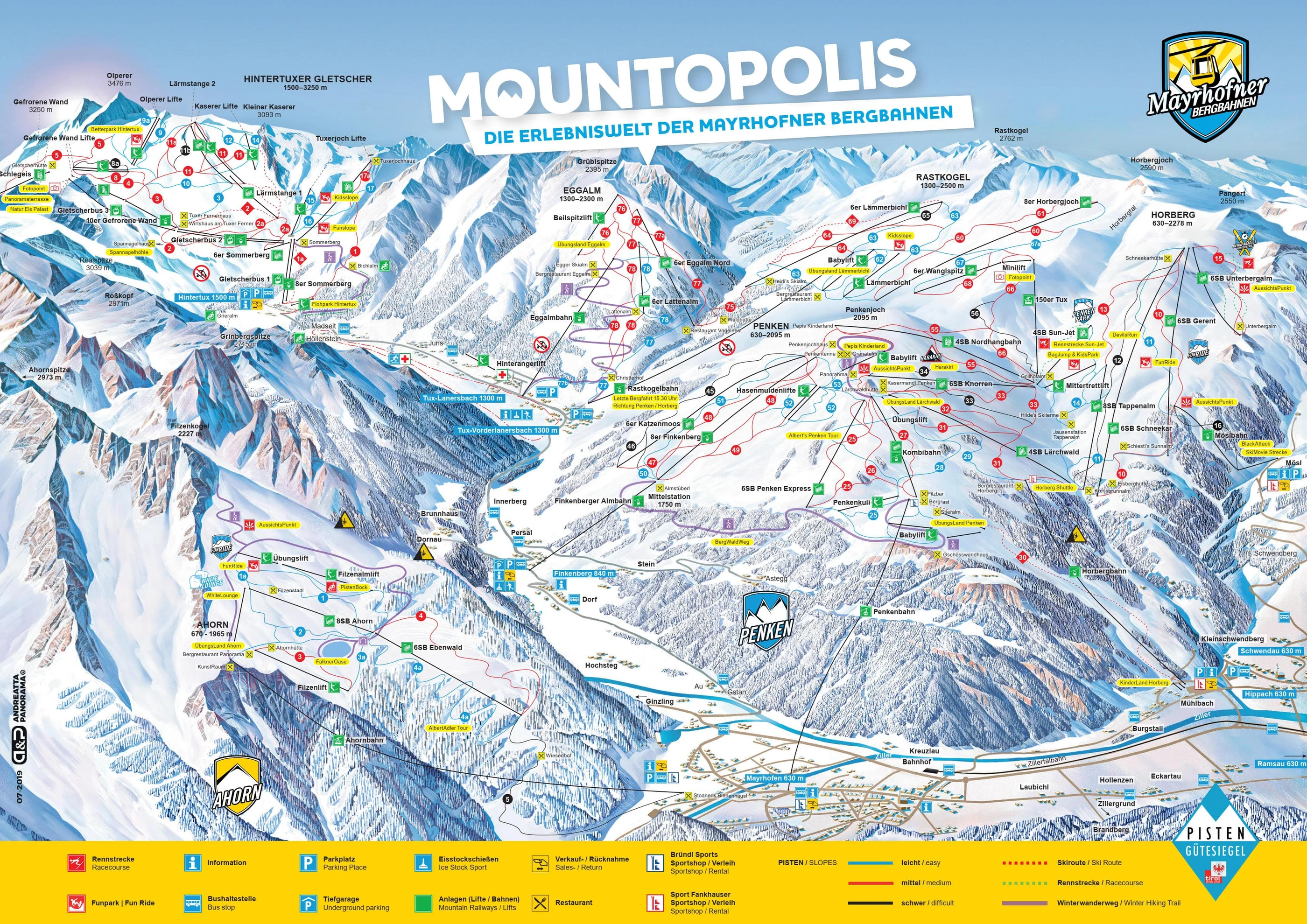 Plan des pistes de Mayrhofen, pistes, remontées mécaniques et descentes