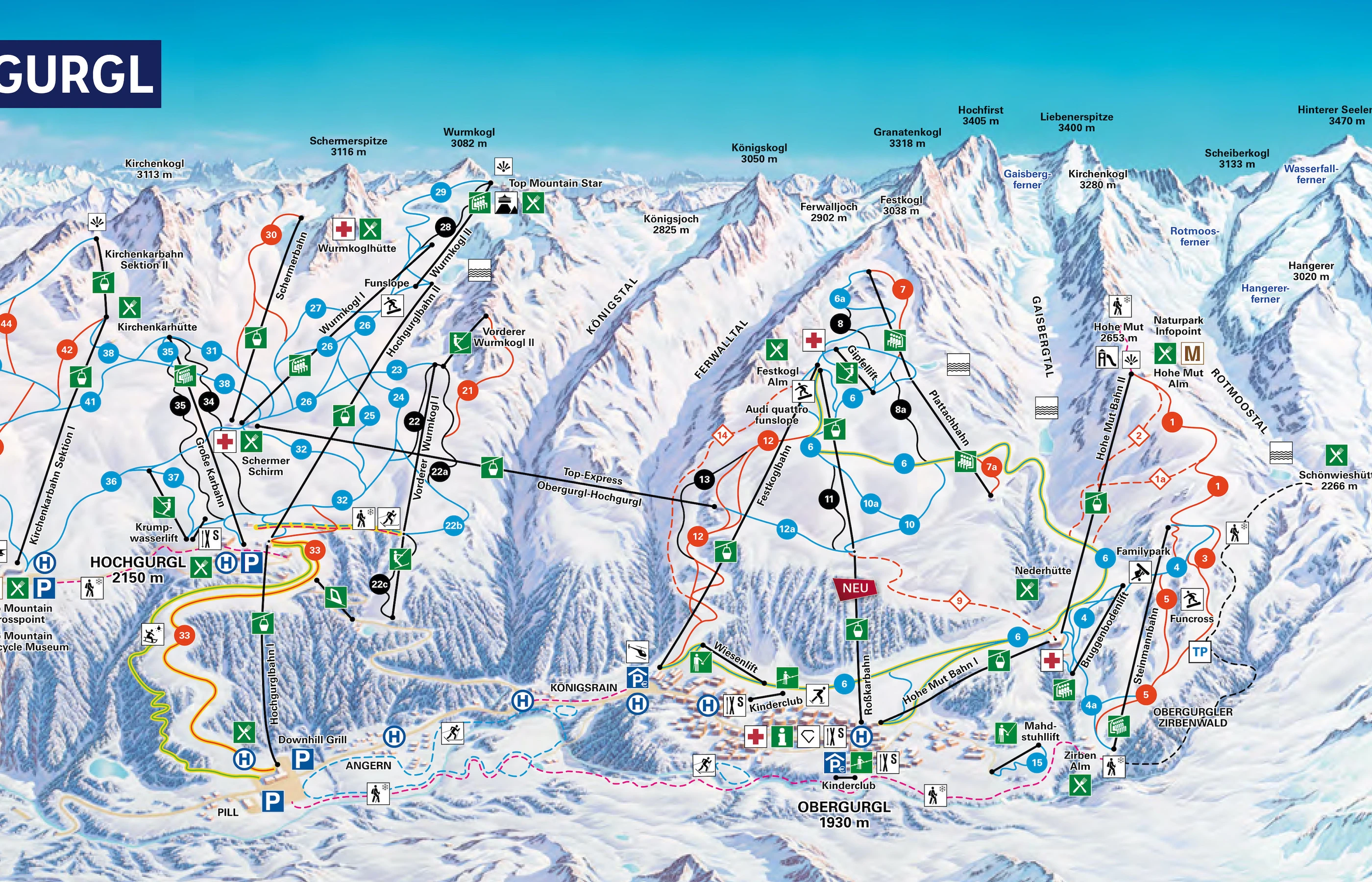 Plan des pistes de Obergurgl, pistes, remontées mécaniques et descentes