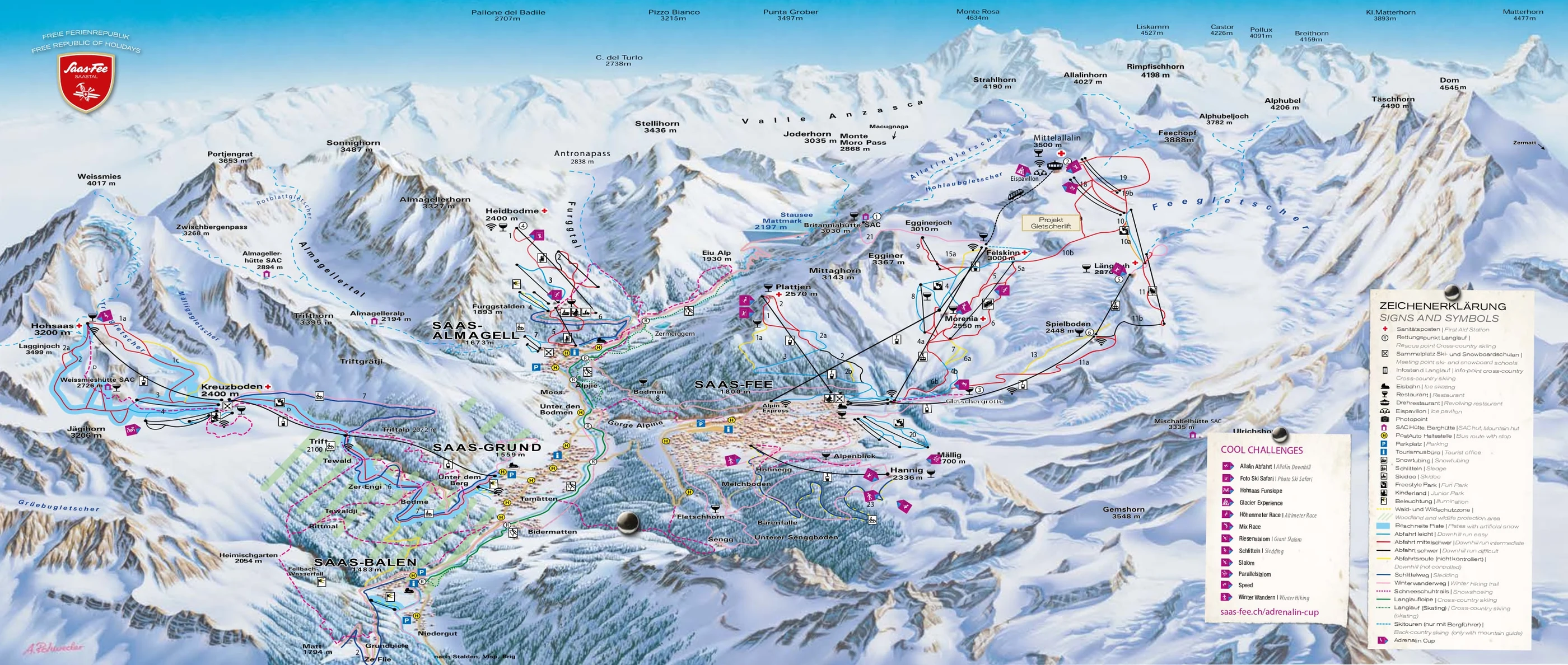 Plan des pistes de Saas-Fee, pistes, remontées mécaniques et descentes