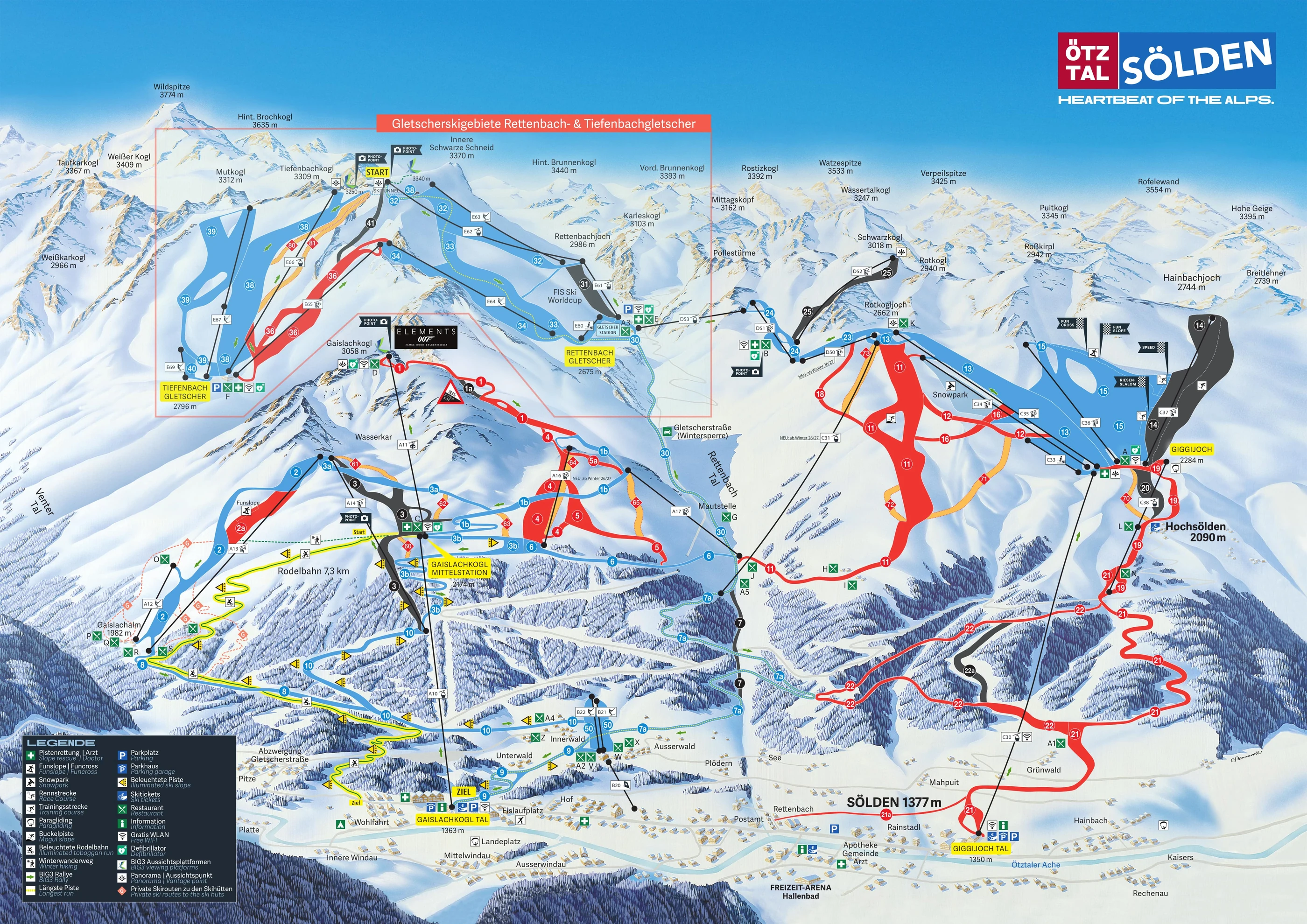 Plan des pistes de Sölden, pistes, remontées mécaniques et descentes