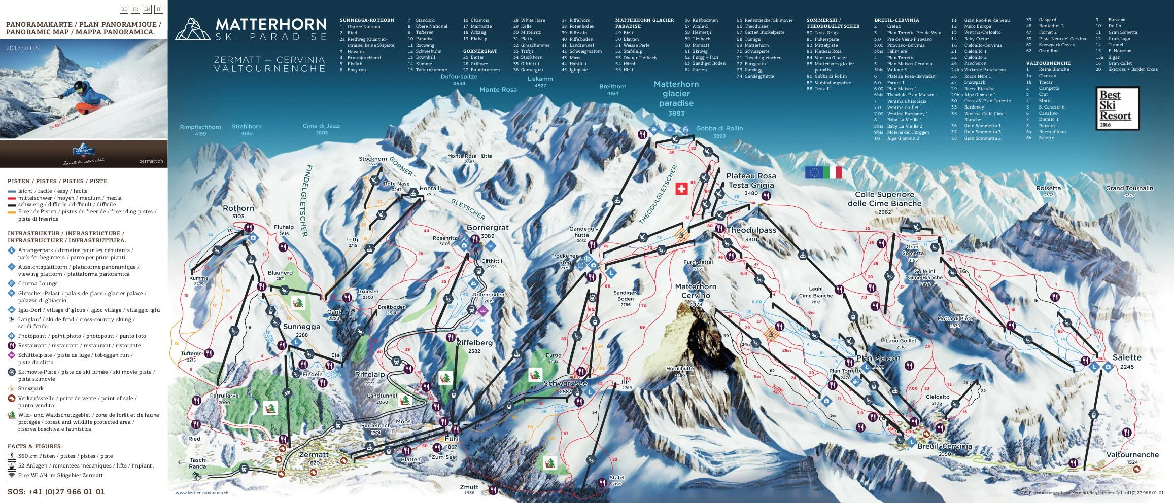 Plan des pistes de Zermatt, pistes, remontées mécaniques et descentes