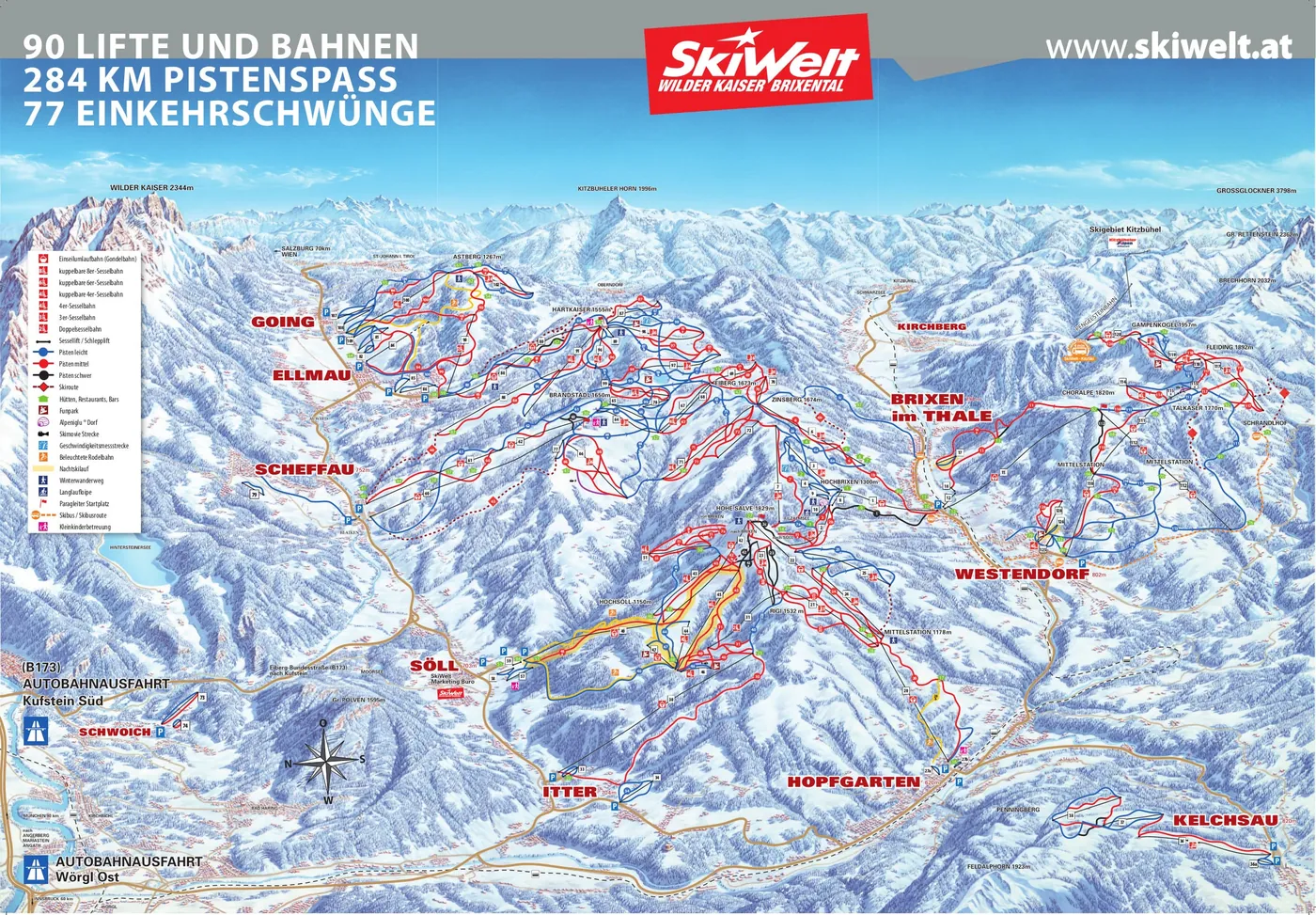 Plan des pistes de Hopfgarten, pistes, remontées mécaniques et descentes