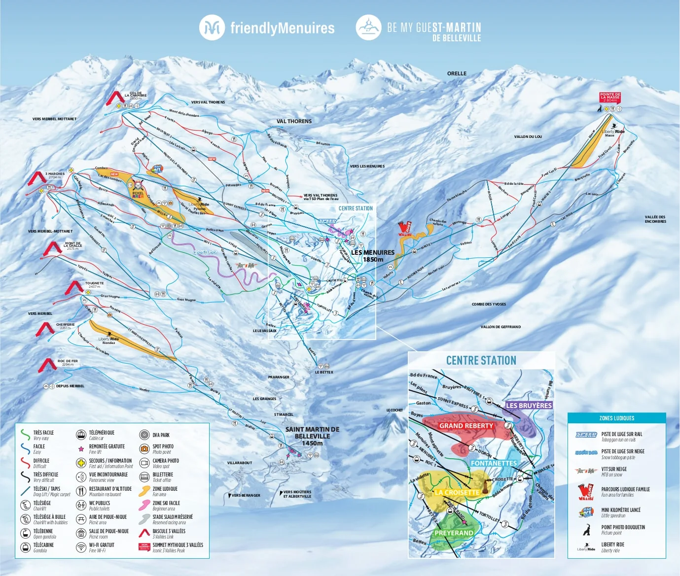 Plan des pistes de Les Menuires, pistes, remontées mécaniques et descentes