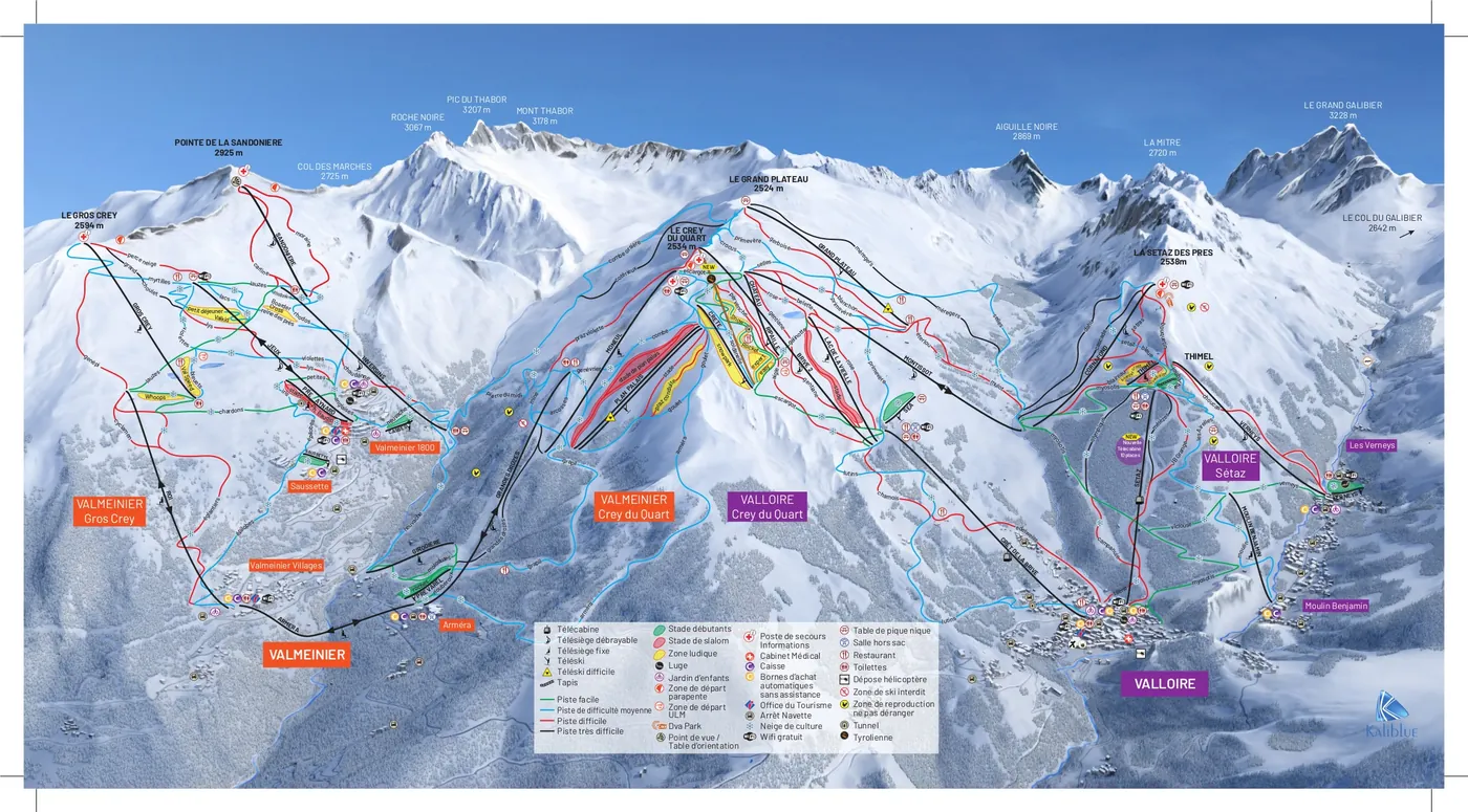 Plan des pistes de Valmeinier, pistes, remontées mécaniques et descentes