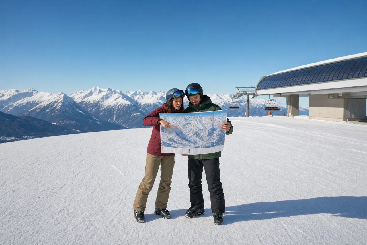 Deux skieurs lisent un plan des pistes au soleil près d'une gare de remontée dans les Alpes