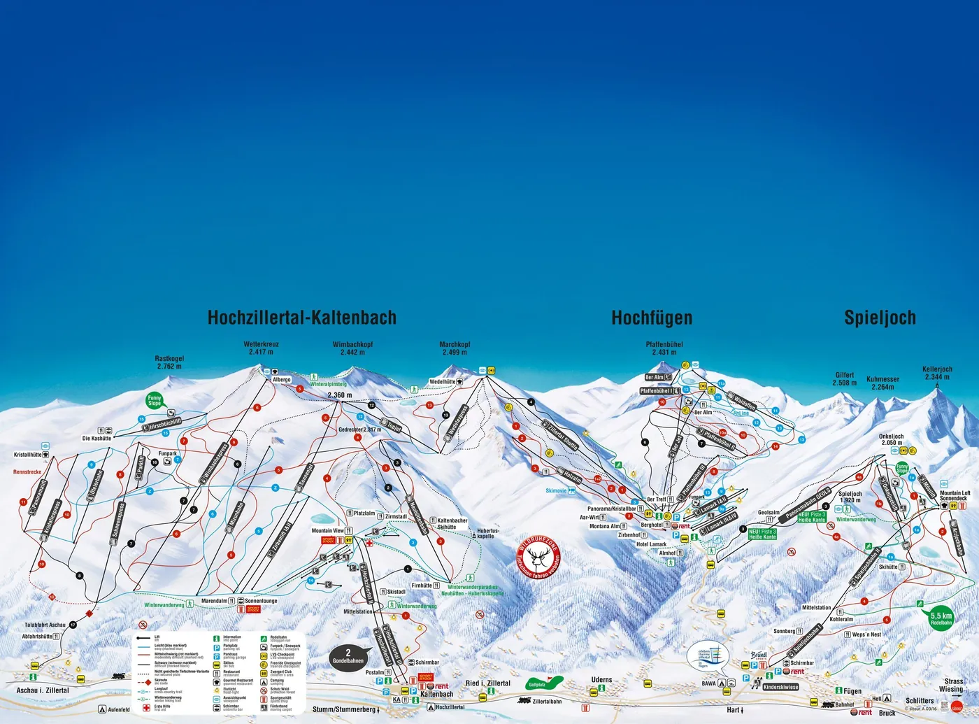 Plan des pistes de Fügen, pistes, remontées mécaniques et descentes