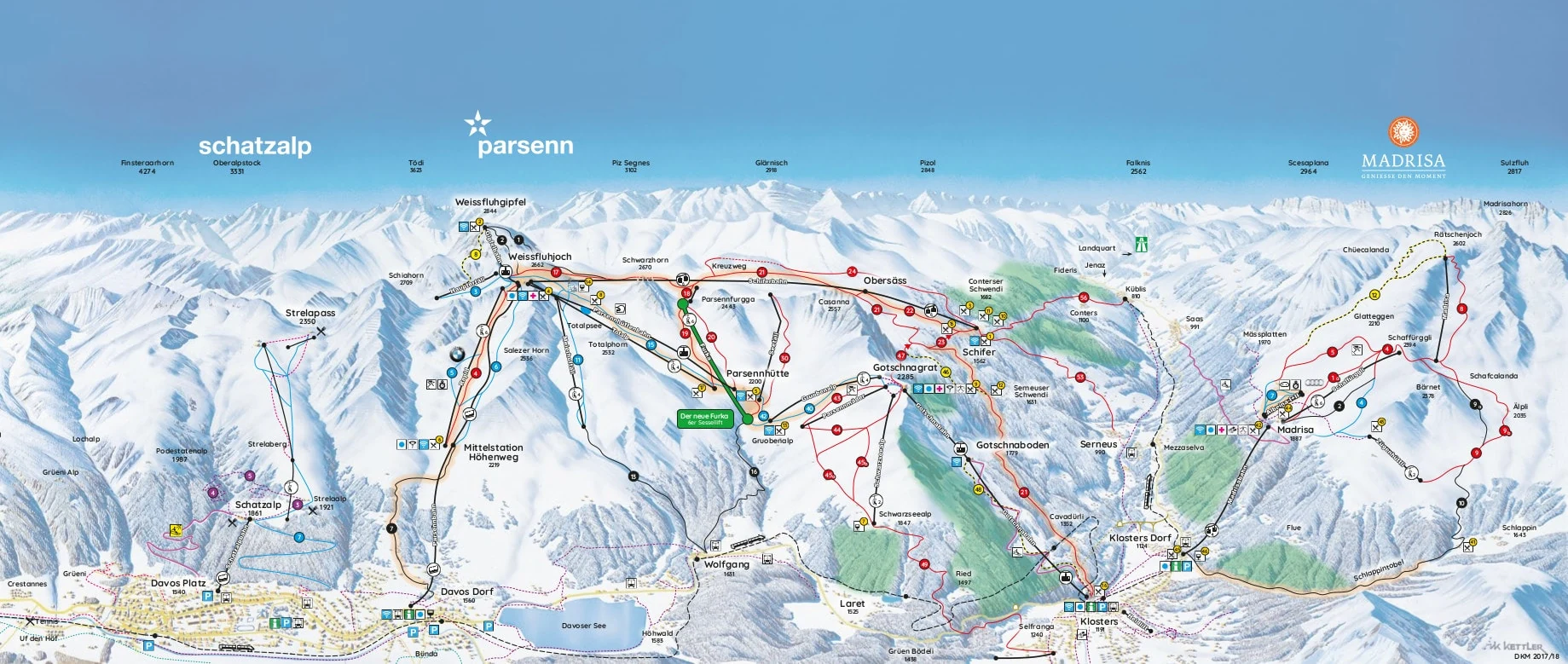 Plan des pistes de Davos, pistes, remontées mécaniques et descentes