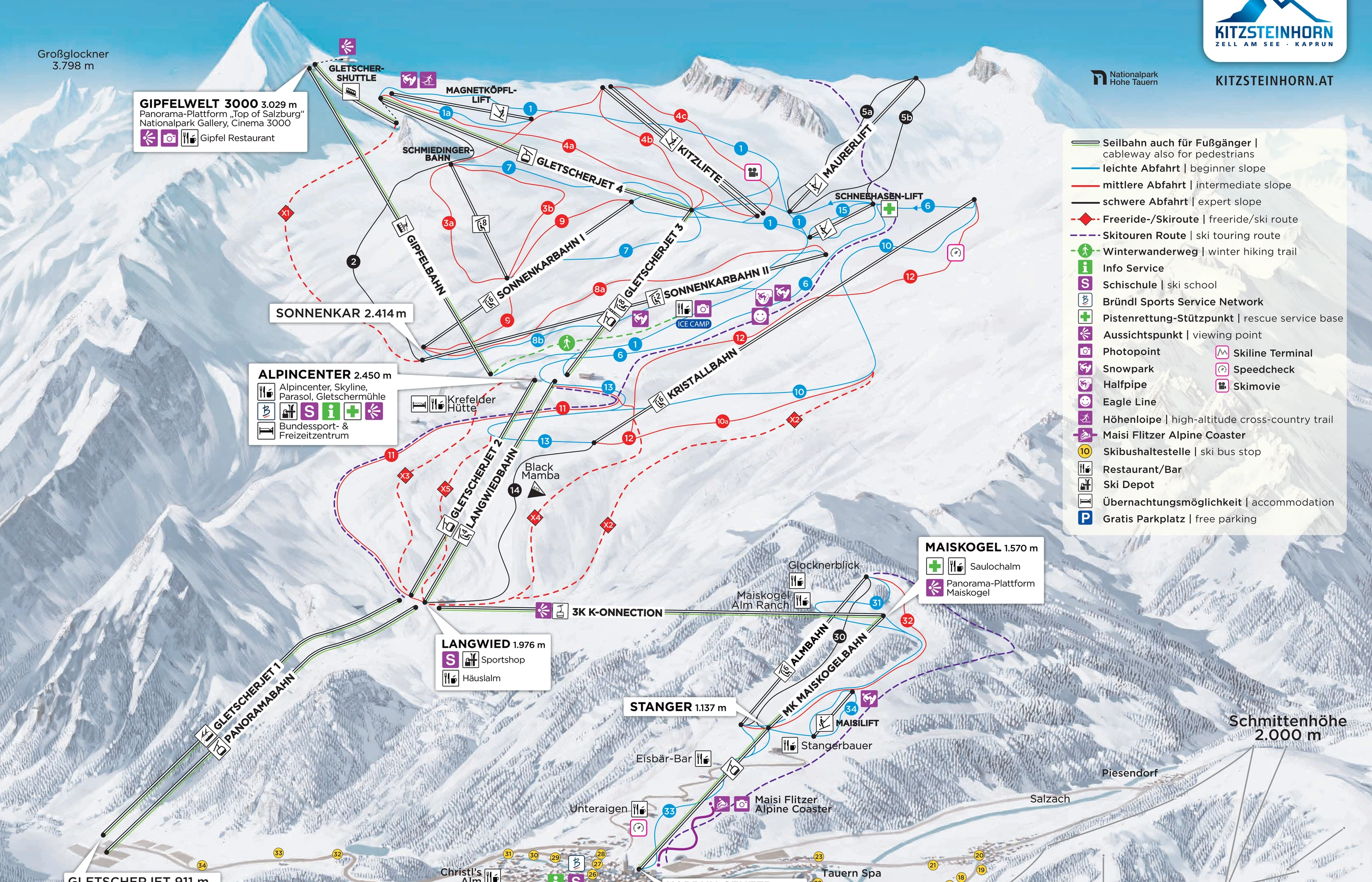 Plan des pistes de Kaprun, pistes, remontées mécaniques et descentes