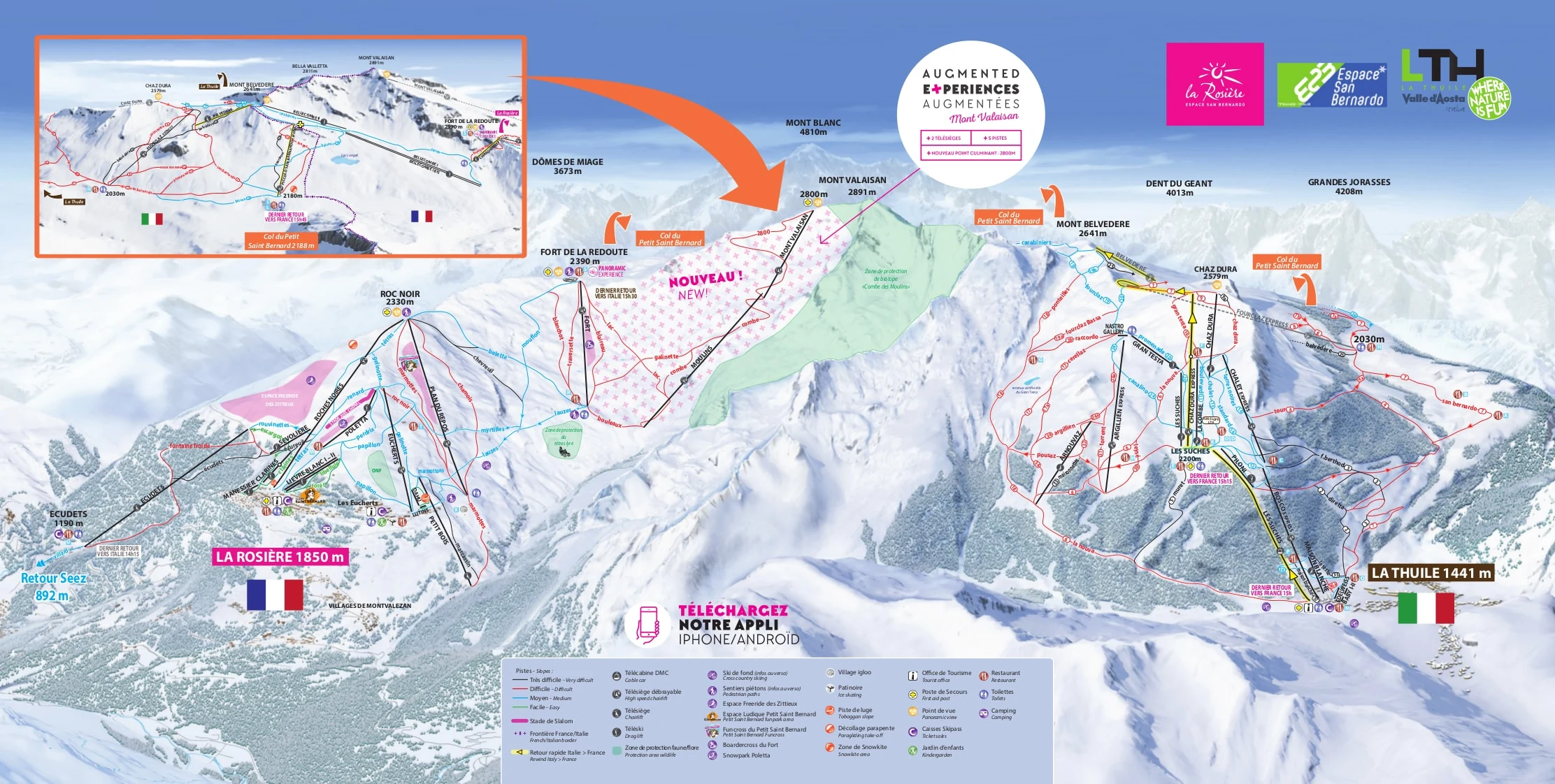 Plan des pistes de La Rosiere, pistes, remontées mécaniques et descentes