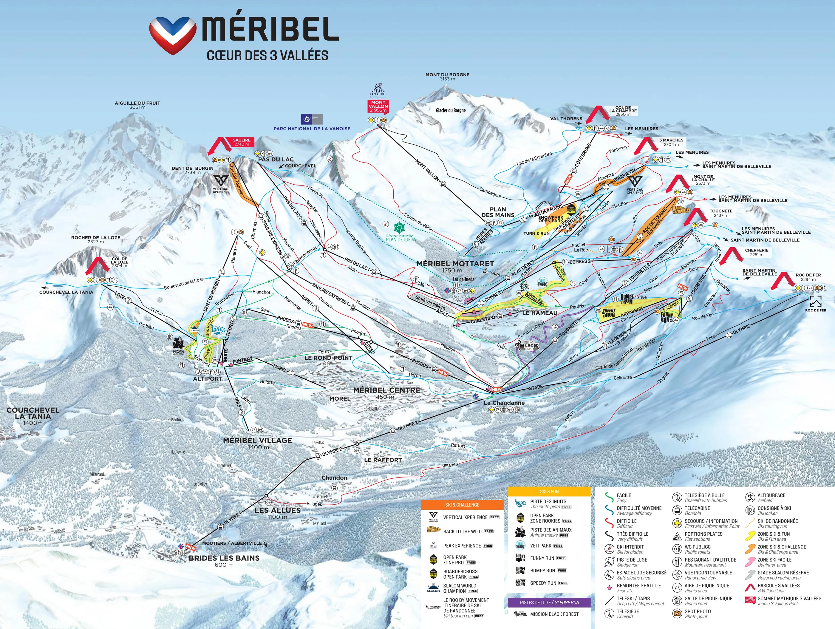 Plan des pistes de Méribel, pistes, remontées mécaniques et descentes