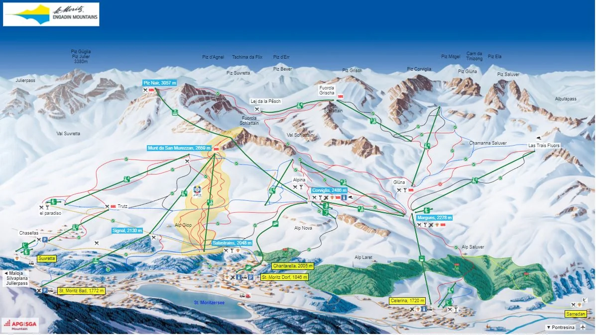 Plan des pistes de St. Moritz, pistes, remontées mécaniques et descentes